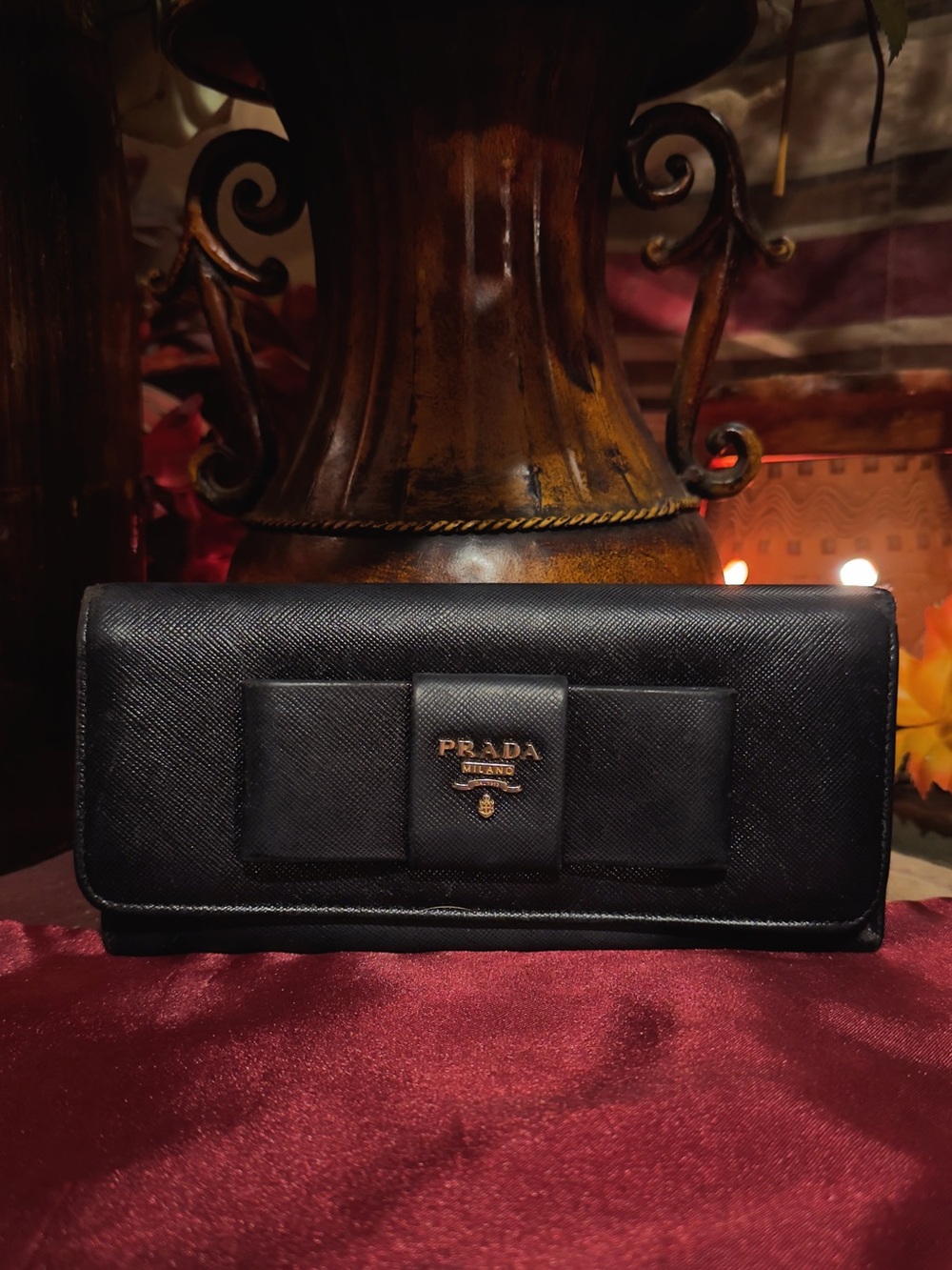 Prada Black Saffiano Leather Bow Continental Wallet - Picture 2 of 16